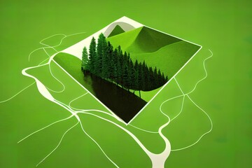 Sticker - 3d illustration of piece of green land isolated, creative travel and tourism off road design trees. unusual illustration