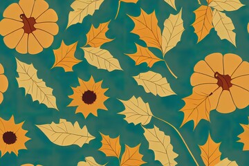 Sticker - Autumn pumpkins with teal background pattern. Maple leaves, sunflowers, flowers ditsy. Perfect for fall, Thanksgiving, holidays, fabric, textile. Seamless repeat swatch.