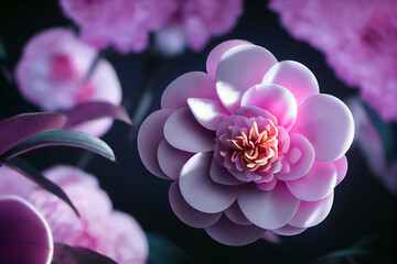 Wall Mural - Close up pink camellia flower with cinematic lighting. 3D illustration