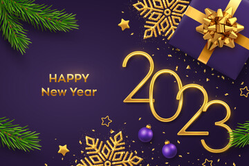 Happy New 2023 Year. Golden metallic numbers 2023 with gift box, shining snowflake, pine branches, stars, balls and confetti on purple background. New Year greeting card or banner template. Vector.