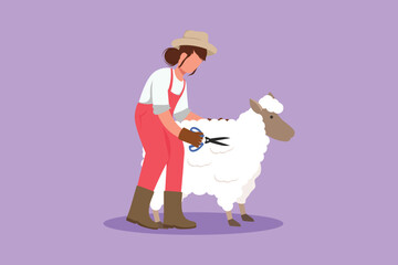 Wall Mural - Cartoon flat style drawing of female farmer shears sheep to make sweaters. Results of sheep farming in countryside. Livestock worker activities. Successful farming. Graphic design vector illustration