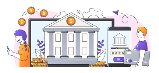 Poster - Mobile banking concept. Young guy and woman with cards next to smartphone and tablet. Electronic transactions and payments. Modern technologies and digital world. Cartoon flat vector illustration