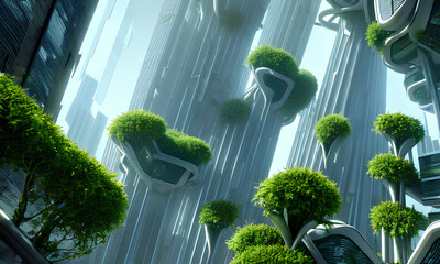 Plant like skyscrapers high street with futuristic contemporary architecture. 3D illustration