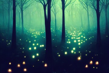 Wall Mural - Dark fairytale fantasy forest. Night forest landscape with magical glows. Abstract forest, magic, fantasy, night, lights, neon. 3D illustration.