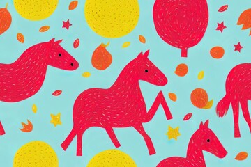 Poster - Cute seamless pattern for kids animal cartoon background with horses and trees Children's style hand drawn design. Use for printing, wallpaper, gift wrapping, textiles, 2d illustrated illustrations.