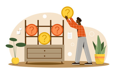 Poster - putting interrogation points. man puts coins with question mark on shelf. collecting information for