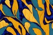 Boho Fabric. Abstract Shibori Print. Repeat Tie Dye Ornament. Ikat Islamic Motif. Yellow, Blue and White Seamless Texture. Ethnic Tribal Boho Fabric Pattern.