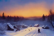 Siberian Village In Winter At Sunset, At Houses Near The Forest, No People, The Dog Is Running Along The Road, Mountain Shoria, Siberia, Russia