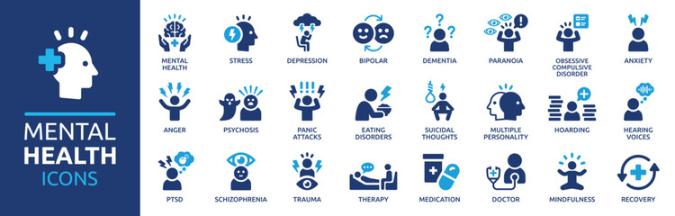 mental health icon set. containing depression, bipolar, ptsd, panic and mind disorder icons. psychol