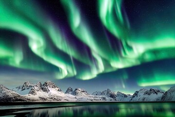 Poster - Aurora borealis. Lofoten islands, Norway. Aurora. Green northern lights. Starry sky with polar lights. Night winter landscape with aurora, sea with sky reflection and snowy mountains.Nature background