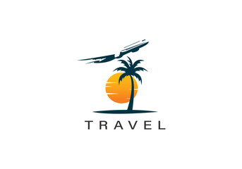 plane with palms icon logo of travel and travel agency vector