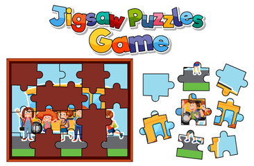 Wall Mural - School kids photo jigsaw puzzle game template