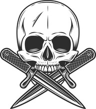 Gangster Skull With Crossed Knives In Isolated Vintage Monochrome Style