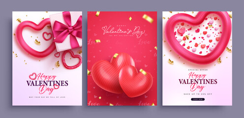 Sticker - Happy valentine's day poster set design. Valentine's day sale text lay out promo collection for shopping discount flyers. Vector Illustration. 
