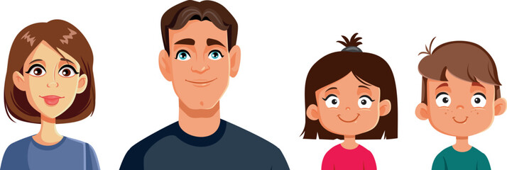 Portraits of Happy Family Members Vector Cartoon Illustration. Avatars of mother, daughter son and father smiling together
