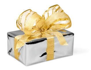 Sticker - Gift  box with ribbon and a bow on white background