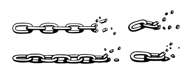 Poster - Broken chain with shatters as symbol of strength and freedom. Sketch of metal chains. Vector illustration isolated in white background
