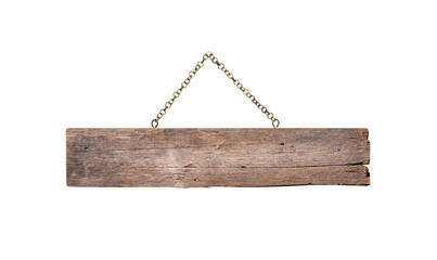 Old blank plank wood sign frame with rusty steel chain hang isolated on white background , clipping path