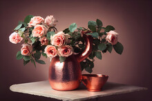 Shiny Copper Pot Of Pink Roses Still Life Illustration