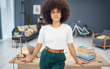 Poster - Black woman, afro and business vision in home office for digital marketing startup, advertising small business or creative company. Portrait, remote work and designer with technology, books and goals