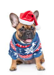 Aufkleber - French Bulldog puppy wearing funny Santa claus hat and warm sweater sits and looks at camera. Isolated on white background