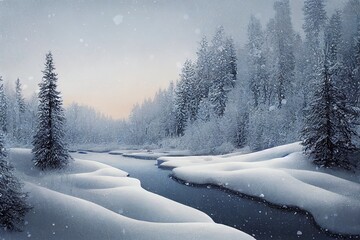 Poster - Winter landscape. Panorama with snow covered coniferous forest and falling snow