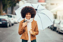 Black Woman Afro, Umbrella And Smile For City Travel, Tourism Or Love For Rain In The Street Outdoors. Portrait Of African American Female Smiling In Happiness For Rainy Day Preparation In The Town