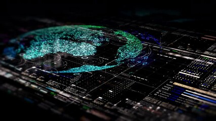 Poster - Futuristic digitally generated holographic planet Earth in 360 degree rotation for head up display and user interface design