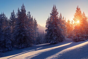 Wall Mural - Incredible winter landscape with snowcapped pine trees under bright sunny light in frosty morning. Amazing nature scenery in winter mountain valley. Awesome natural Background. Soft light effect