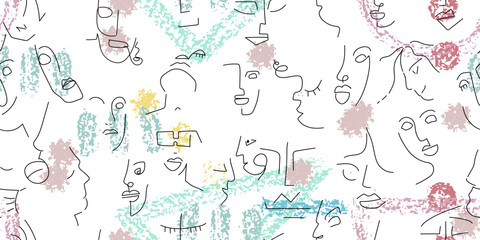 One line drawing. Abstract face seamless pattern.