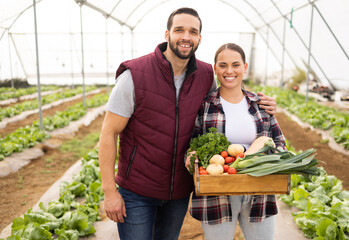 Poster - Agriculture, food and health with couple on farm for teamwork, sustainability and environment. Happy, garden and agro with farmer man and woman and vegetables box for small business, plant or growth