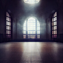 Empty Large Room With Skylight Window And Tall Large Windows, Cinematic Light Flooding In And Reflecting On The Wooden Floors Smoky Haze Looming | Church Architecture Design | Midjourney   Photoshop