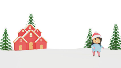 Sticker - 3D Illustration Of Young Girl Wearing Santa Hat With House Arch, Spruce Or Xmas Tree And Copy Space.