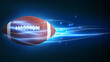 american football Flying in speed fast magic effect in blue flames and lights hi tech futuristic 3d animation rendering black background