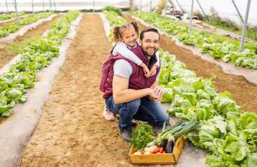 Poster - Child, father or farmer farming vegetables in a natural garden or agriculture environment for a healthy diet. Smile, dad and happy girl love gardening and planting organic food for sustainability