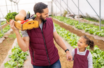 Poster - Agriculture, food and father and girl on farm for health, sustainability and family environment. Plant, growth and summer with dad and child farmer with box of vegetables for agro, garden and nature