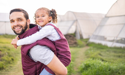 Poster - Agriculture, farming and family for piggy back with child and father at sustainable farm. Sustainability, growth and eco friendly lifestyle with farmer man and girl learning about plants and ecology