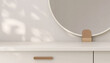 © myboys.me - Empty modern, minimal and luxury cream dressing table top, round mirror in white wall bedroom with sunlight and dappled leaf shadow for beauty, cosmetic product display background