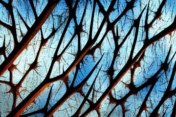 Wall Mural - Forest floor of dry plants in a hoarfrost, close up. Morning fog. Sunny winter day. Seasons, climate change, ecology, botany. Natural blue and white background. Macrophotography, copy space, panorama