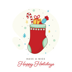 Canvas Print - Happy Holidays Greeting Card With Sock Full Of Candy Cane, Gift Box And Toffee Against White Background.