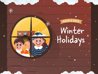 Poster - Happy Winter Holidays Poster Design With Cheerful Kids Looking Outside From Window And Snow Falling On Bordeaux Wooden Background.