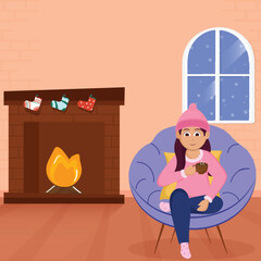 Sticker - Cartoon Young Girl Drinking Tea Or Coffee At Sofa With Arched Fireplace On Peach And Brown Background.