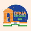India Republic Day Font With Canopy Behind India Gate, National Flag Ribbon On Blue And Pastel Pink Background.