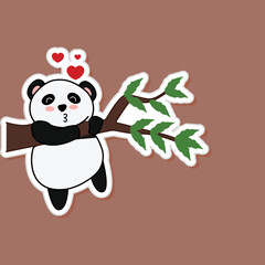 Canvas Print - Sticker Style Love In Panda Hanging Branch Against Brown Background.