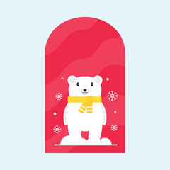 Canvas Print - Illustration Of Scarf Wearing Polar Bear With Snowfall At Window On Red And Blue Background.