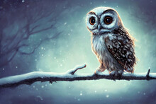 Tiny Cute Owl In The Snow, Illustration Of Cute Owl In Christmas Landscape