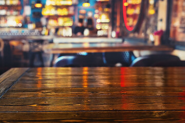 Wooden table reflecting light from lamps in pub of liquor bar. Copy space. Nobody. Template for drink advertisement