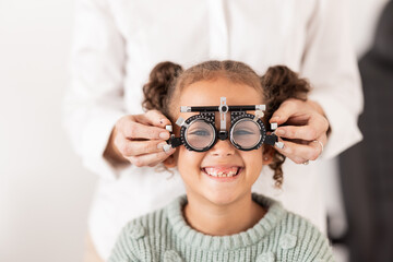 Poster - Vision, optometrist and portrait of child with glasses to test, check and examine eyesight. Healthcare, medical and young girl in doctor office for eye examination, optical diagnostic and examination