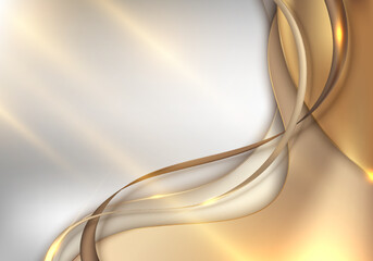 Wall Mural - Elegant 3D template golden wave shapes and ribbon lines elements on gold fabric background