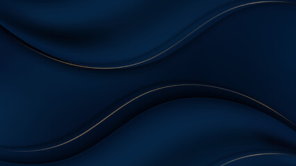 Wall Mural - abstract 3d blue satin cloth fold wave material background and texture with golden lines decoration 